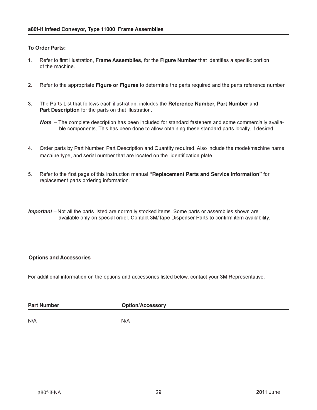 3M 11000 operating instructions Options and Accessories, Part Number Option/Accessory 