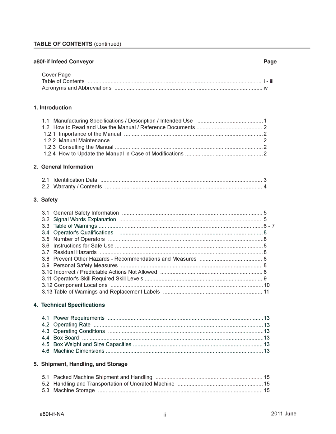 3M 11000 operating instructions Table of Contents A80f-if Infeed Conveyor, Introduction, General Information, Safety 