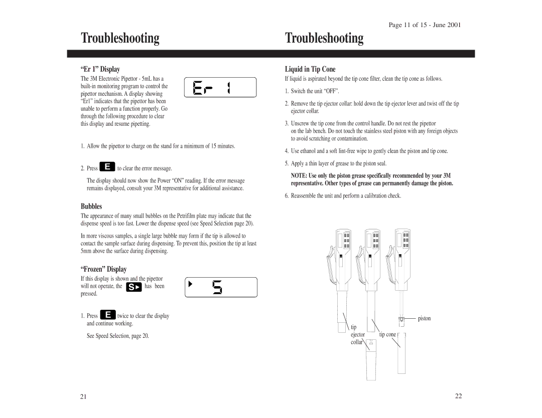 3M 1210 instruction manual Troubleshooting, Er 1 Display, Bubbles, Frozen Display, Liquid in Tip Cone 