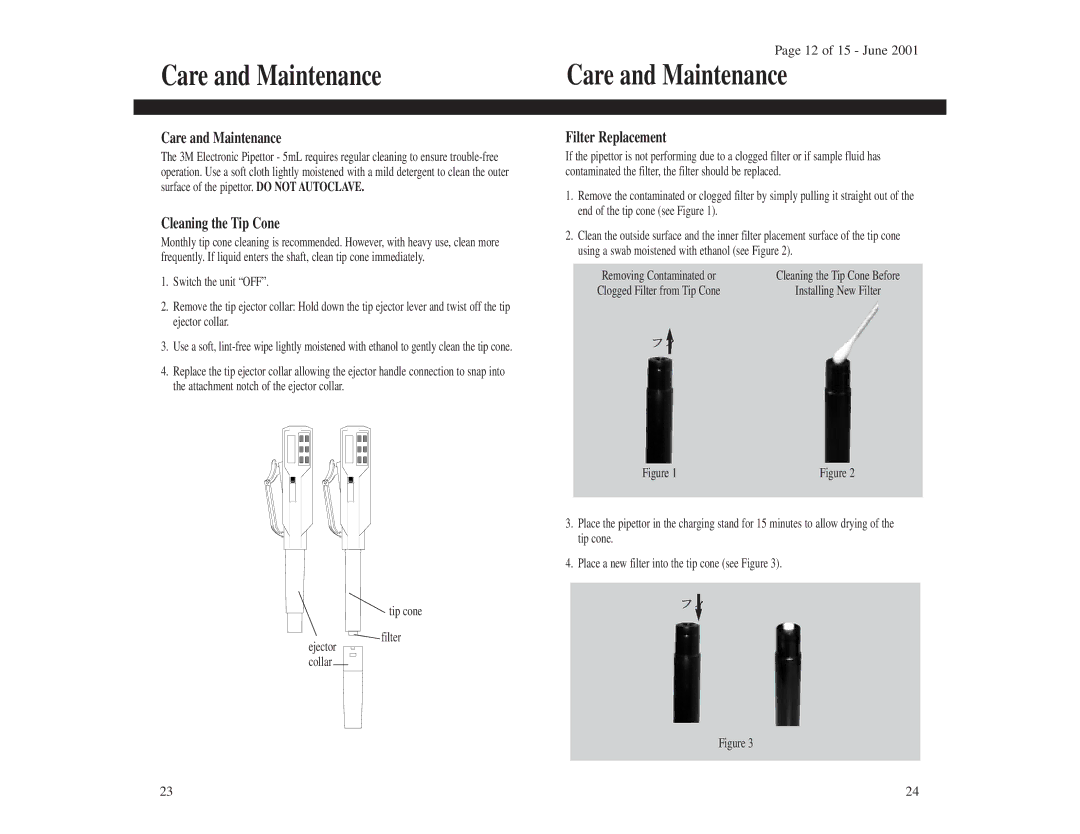 3M 1210 instruction manual Care and Maintenance, Cleaning the Tip Cone, Filter Replacement 