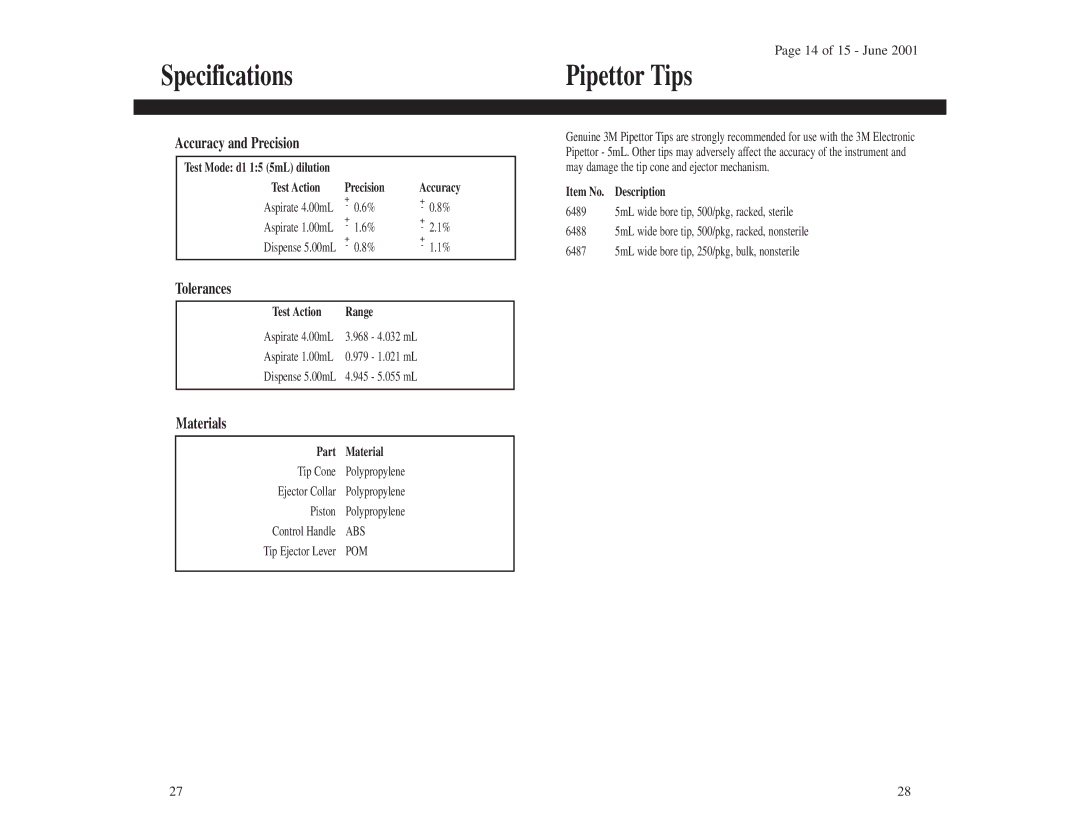 3M 1210 instruction manual Specifications, Pipettor Tips, Accuracy and Precision, Tolerances, Materials 