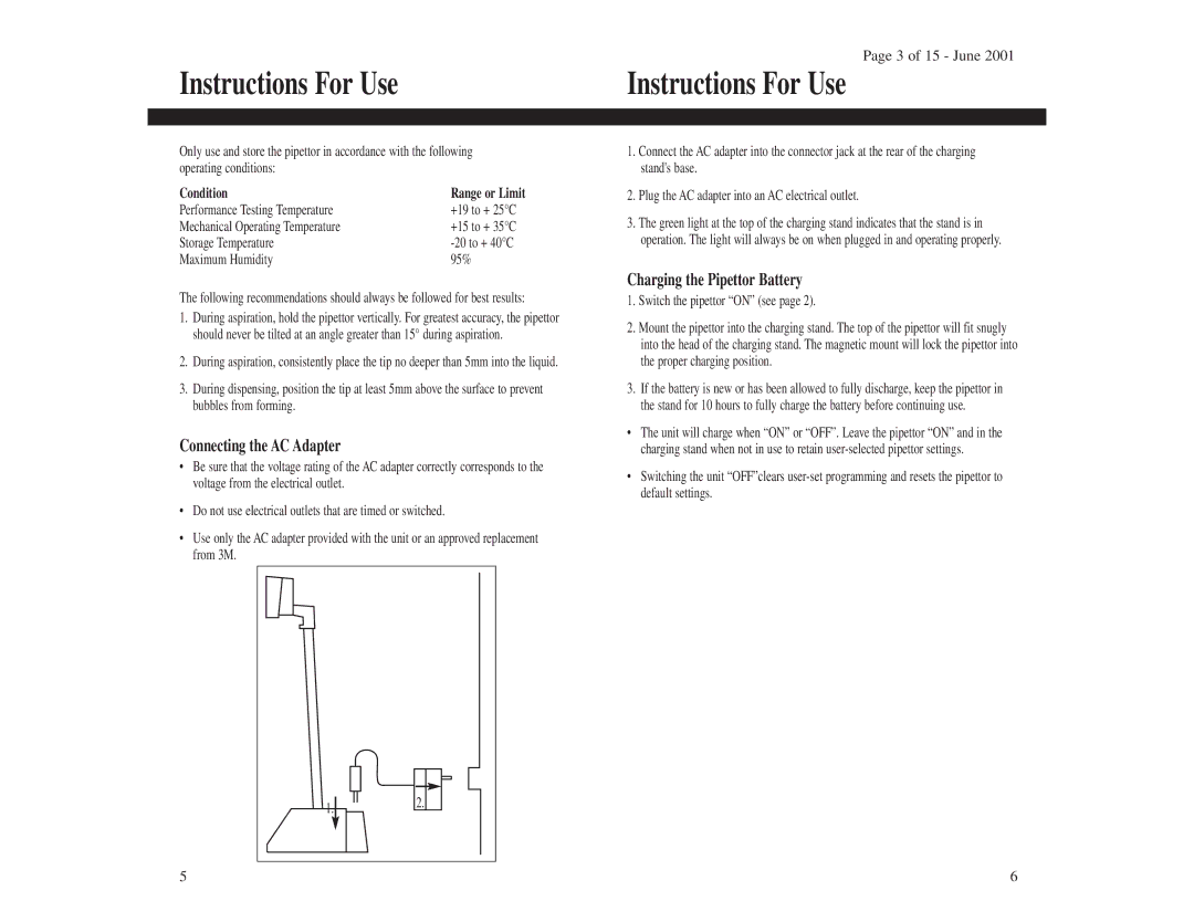 3M 1210 Instructions For Use, Connecting the AC Adapter, Charging the Pipettor Battery, Condition Range or Limit 