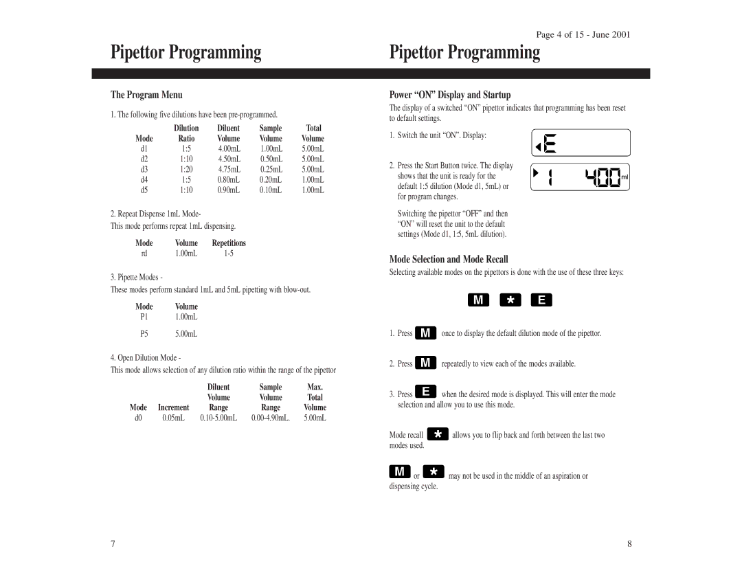 3M 1210 instruction manual Pipettor Programming, Program Menu, Power on Display and Startup, Mode Selection and Mode Recall 