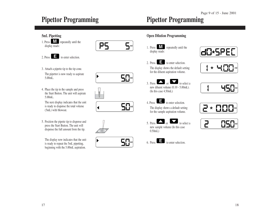 3M 1210 instruction manual 5mL Pipetting, Open Dilution Programming 