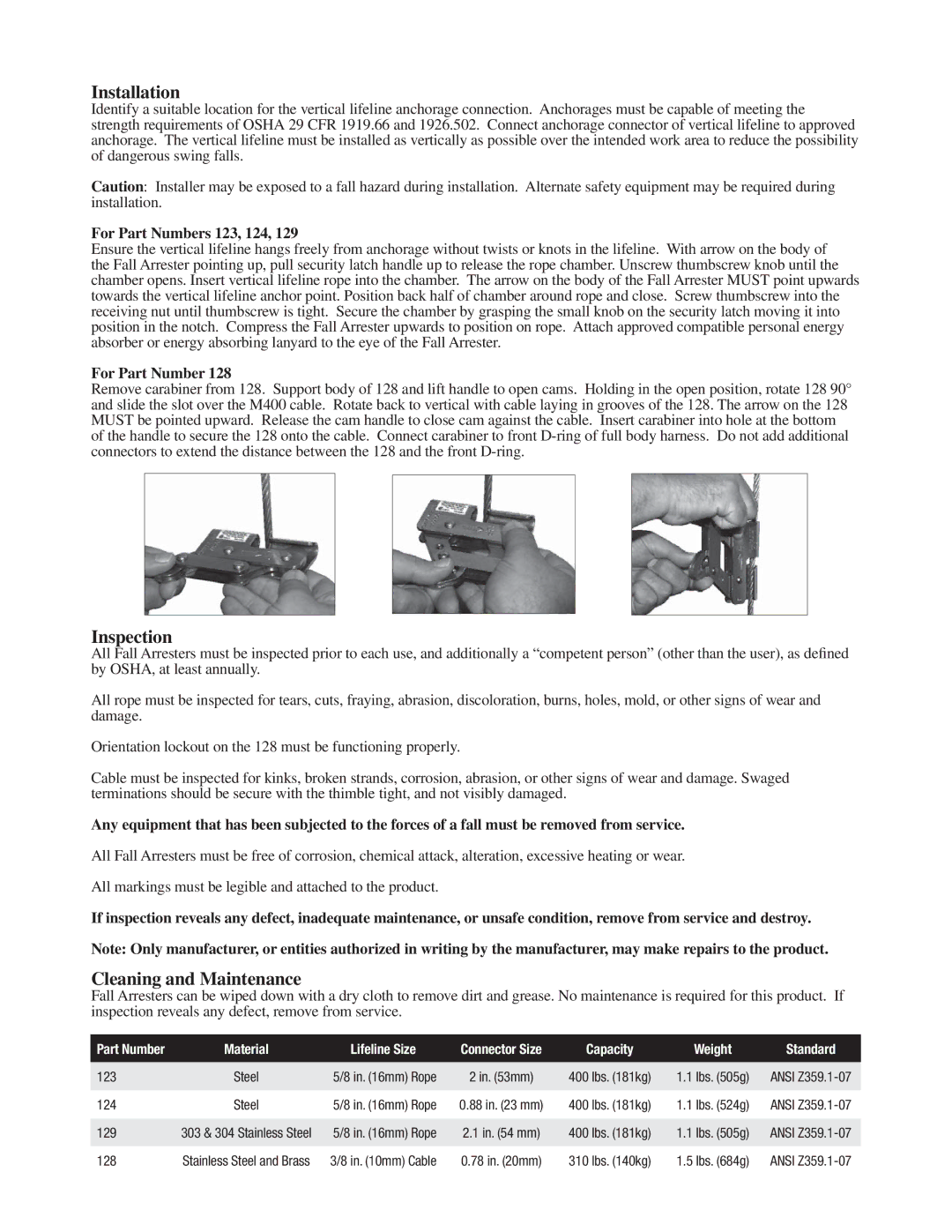 3M 124, 129, 123 manual Installation, Inspection, Cleaning and Maintenance 