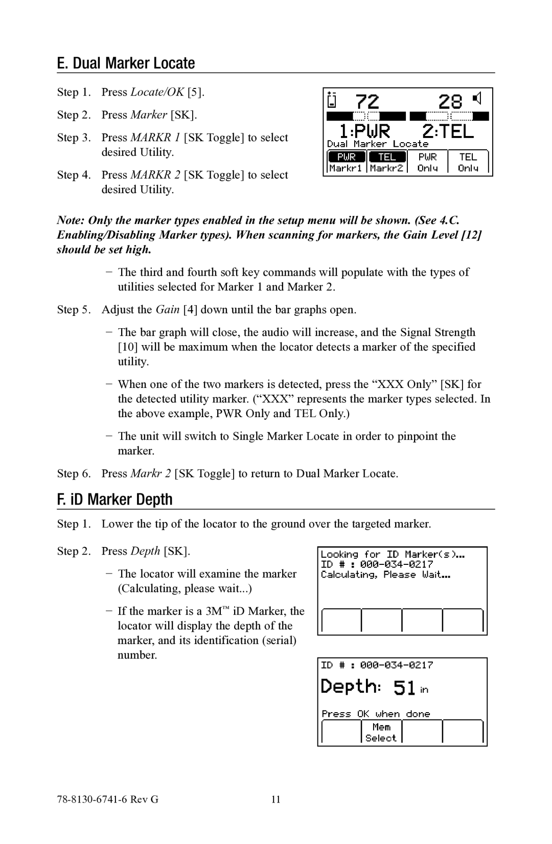 3M 1420E-iD, 1420-iD manual Dual Marker Locate, ID Marker Depth 