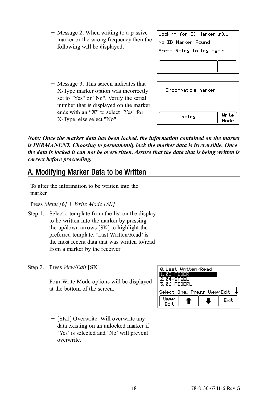 3M 1420-iD, 1420E-iD manual Modifying Marker Data to be Written, Press Menu 6 + Write Mode SK 