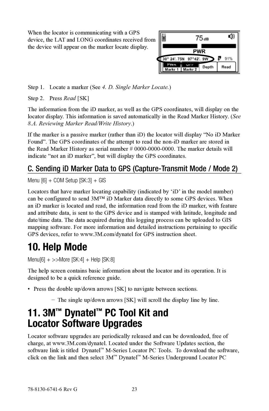 3M 1420E-iD, 1420-iD Help Mode, Sending iD Marker Data to GPS Capture-Transmit Mode / Mode, Menu 6 + COM Setup SK3 + GIS 