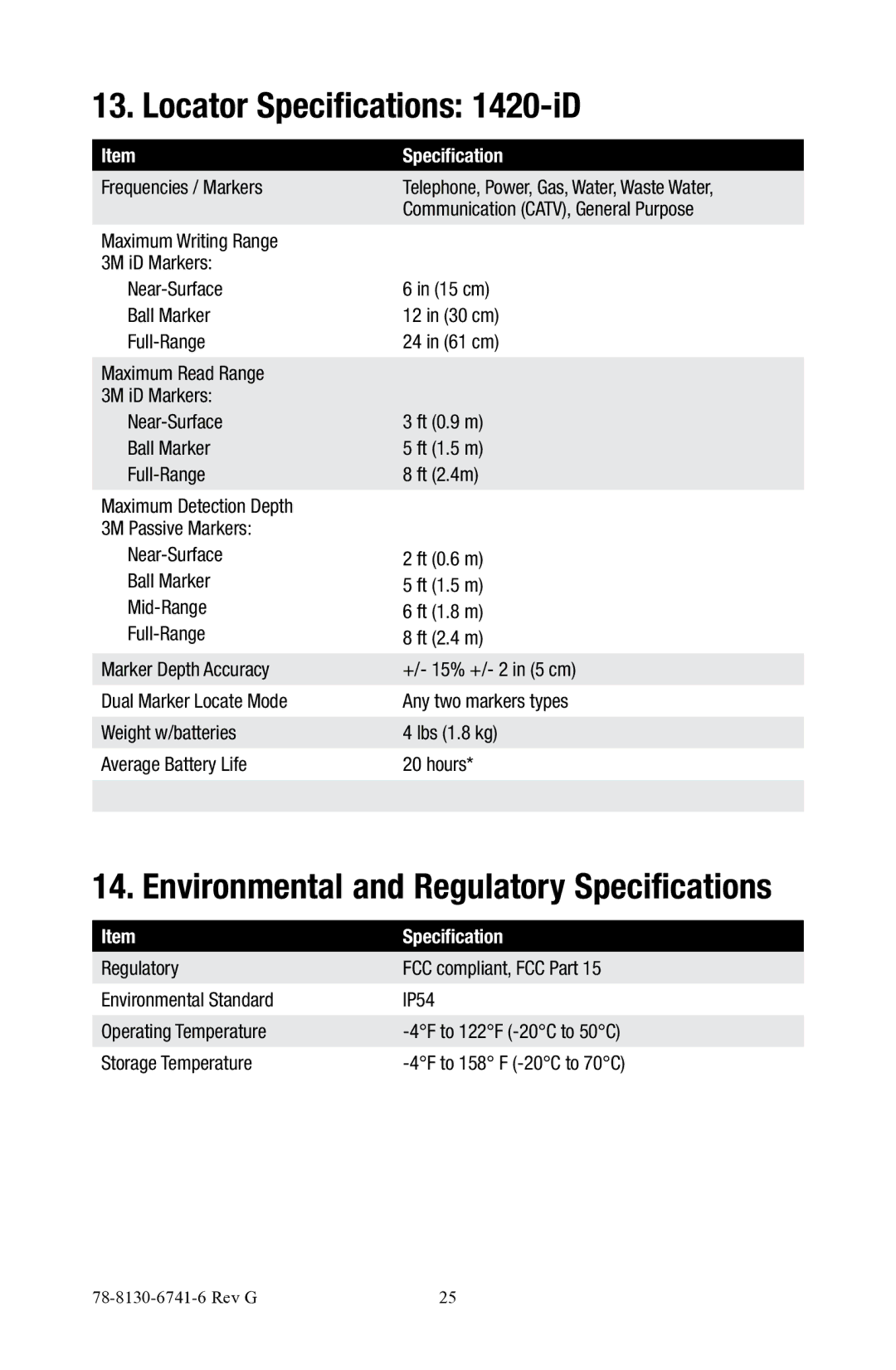 3M 1420E-iD manual Locator Specifications 1420-iD, Environmental and Regulatory Specifications 