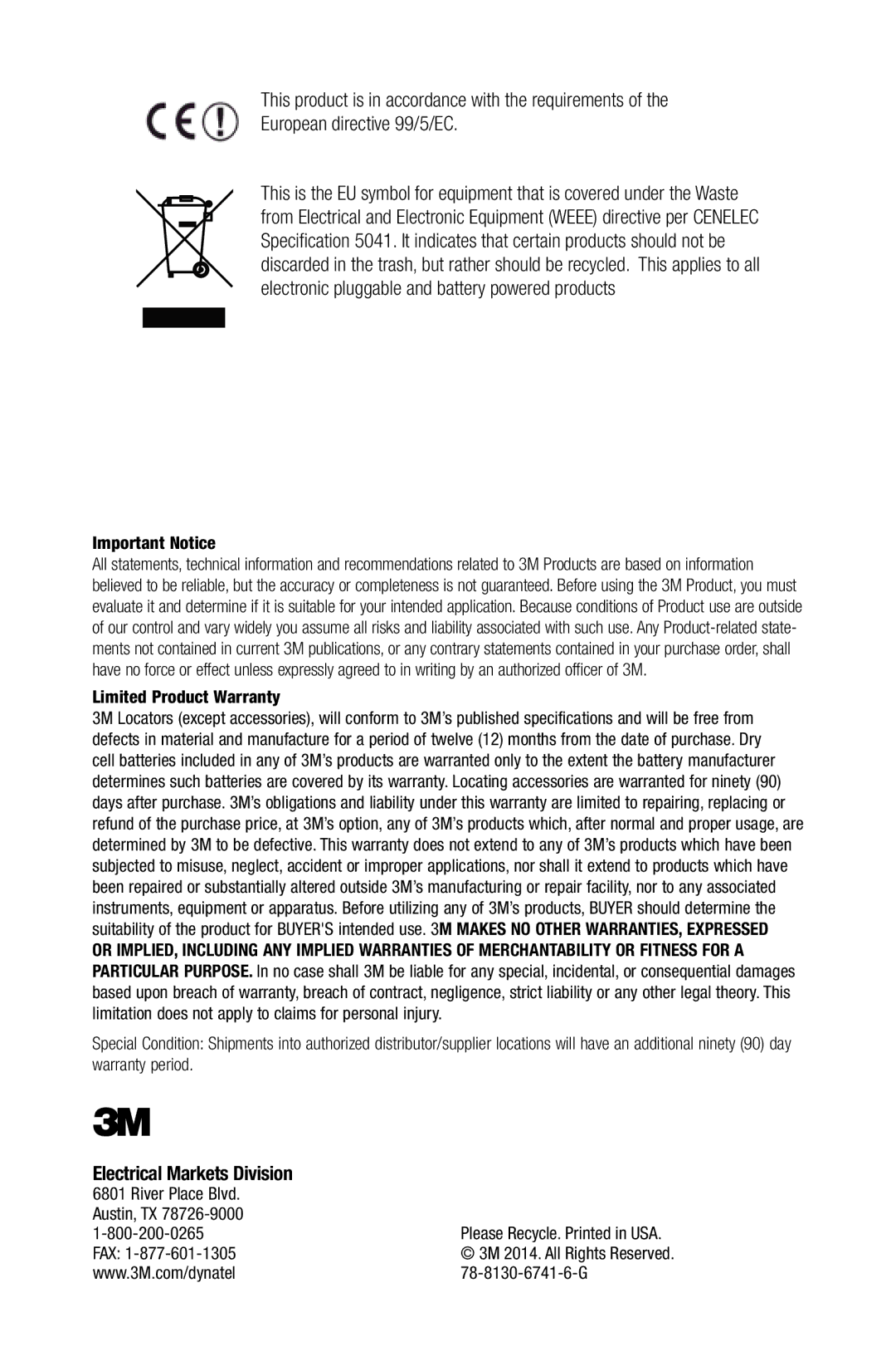 3M 1420-iD, 1420E-iD manual Electrical Markets Division, Important Notice 