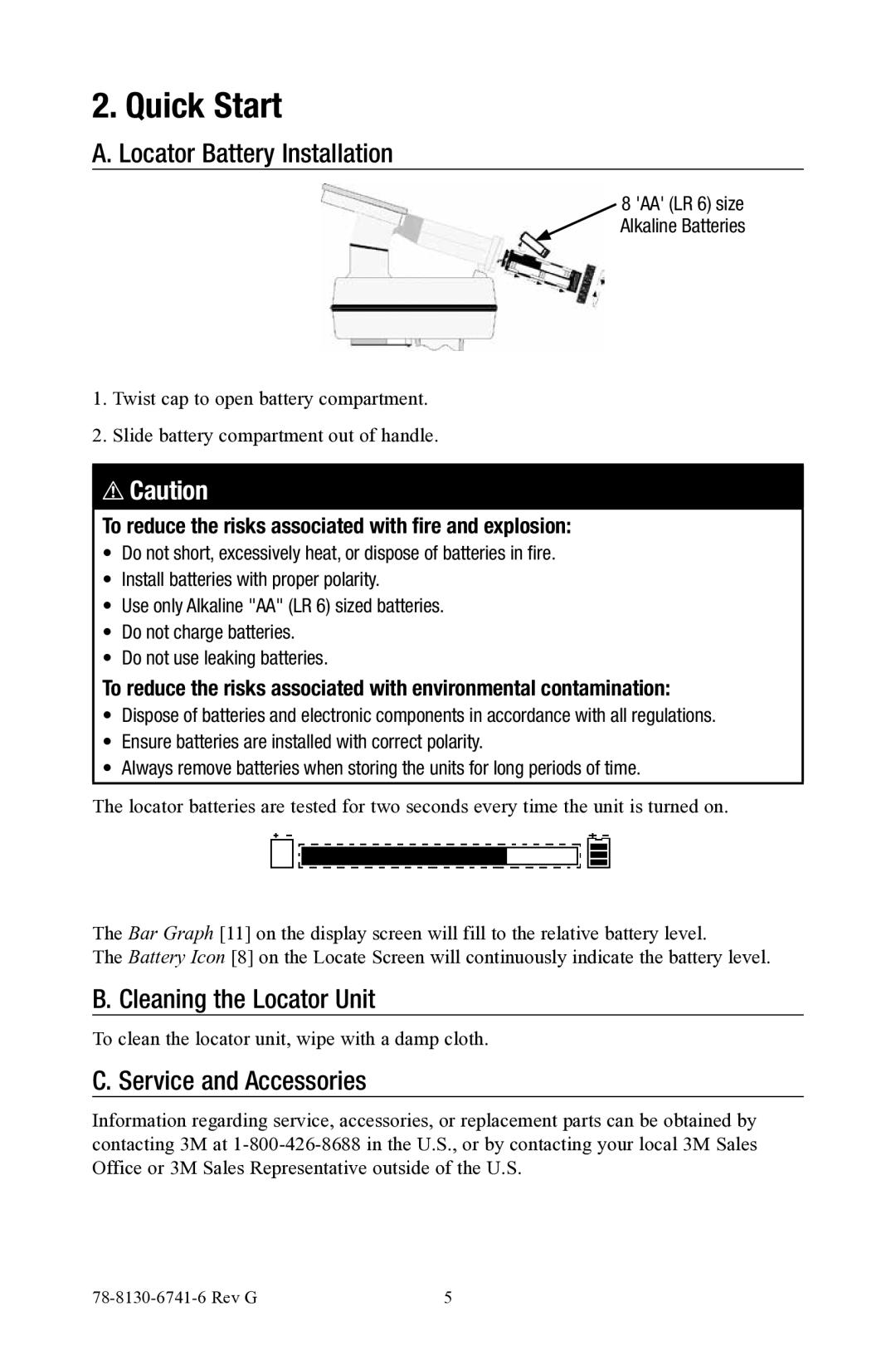 3M 1420E-iD, 1420-iD manual Quick Start, Locator Battery Installation, Cleaning the Locator Unit, Service and Accessories 
