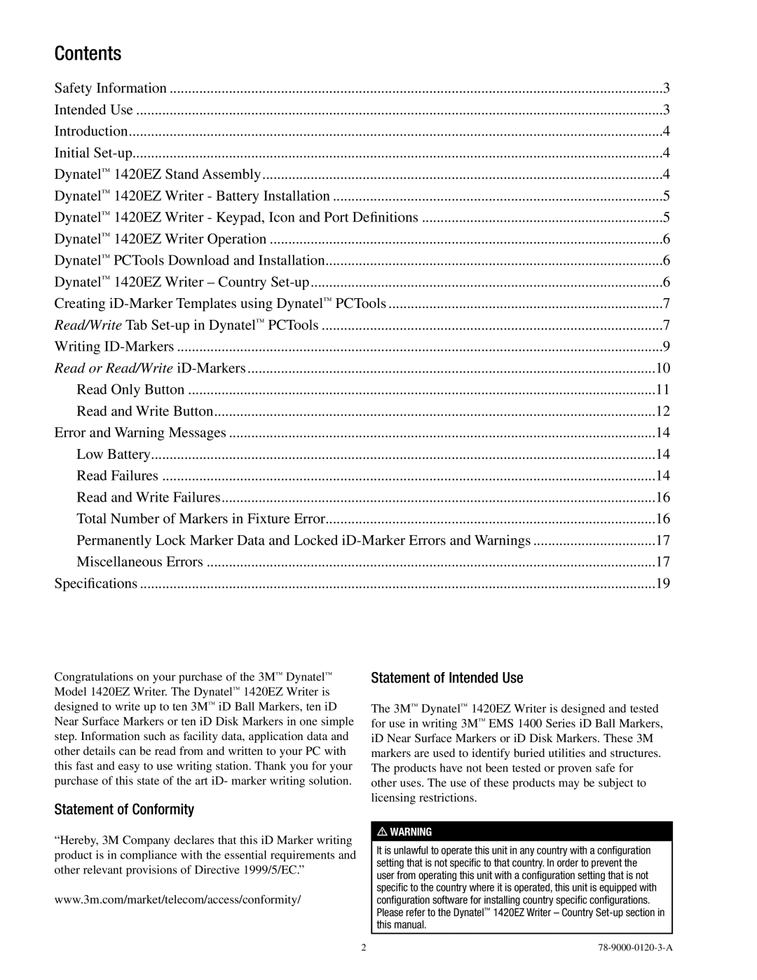 3M 1420EZ manual Contents 