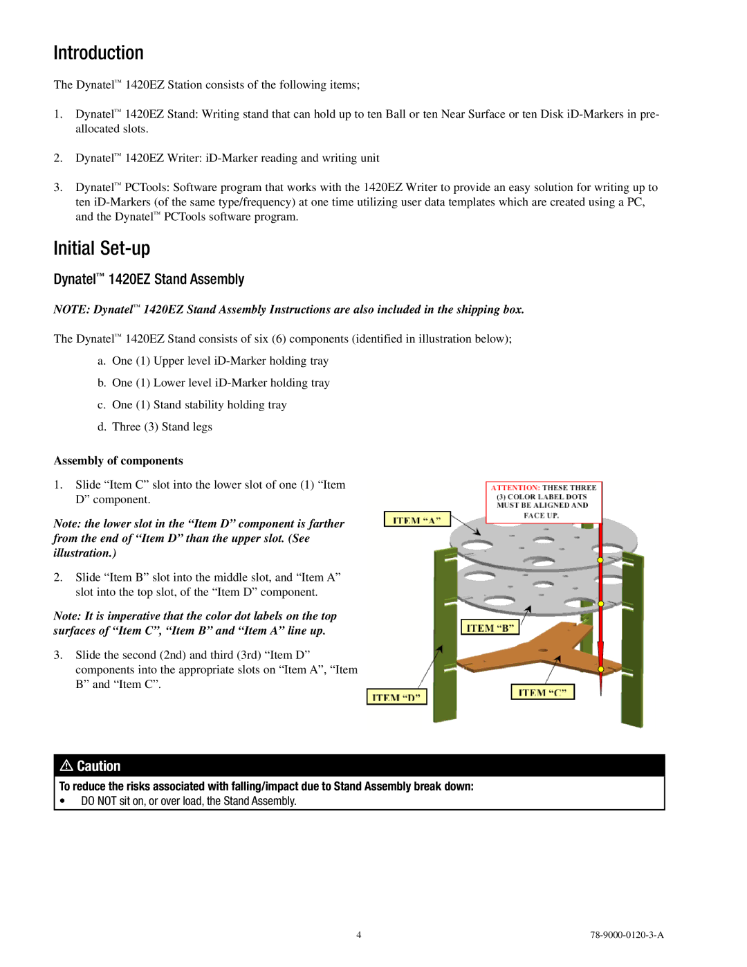 3M manual Introduction, Initial Set-up, Dynatel 1420EZ Stand Assembly 