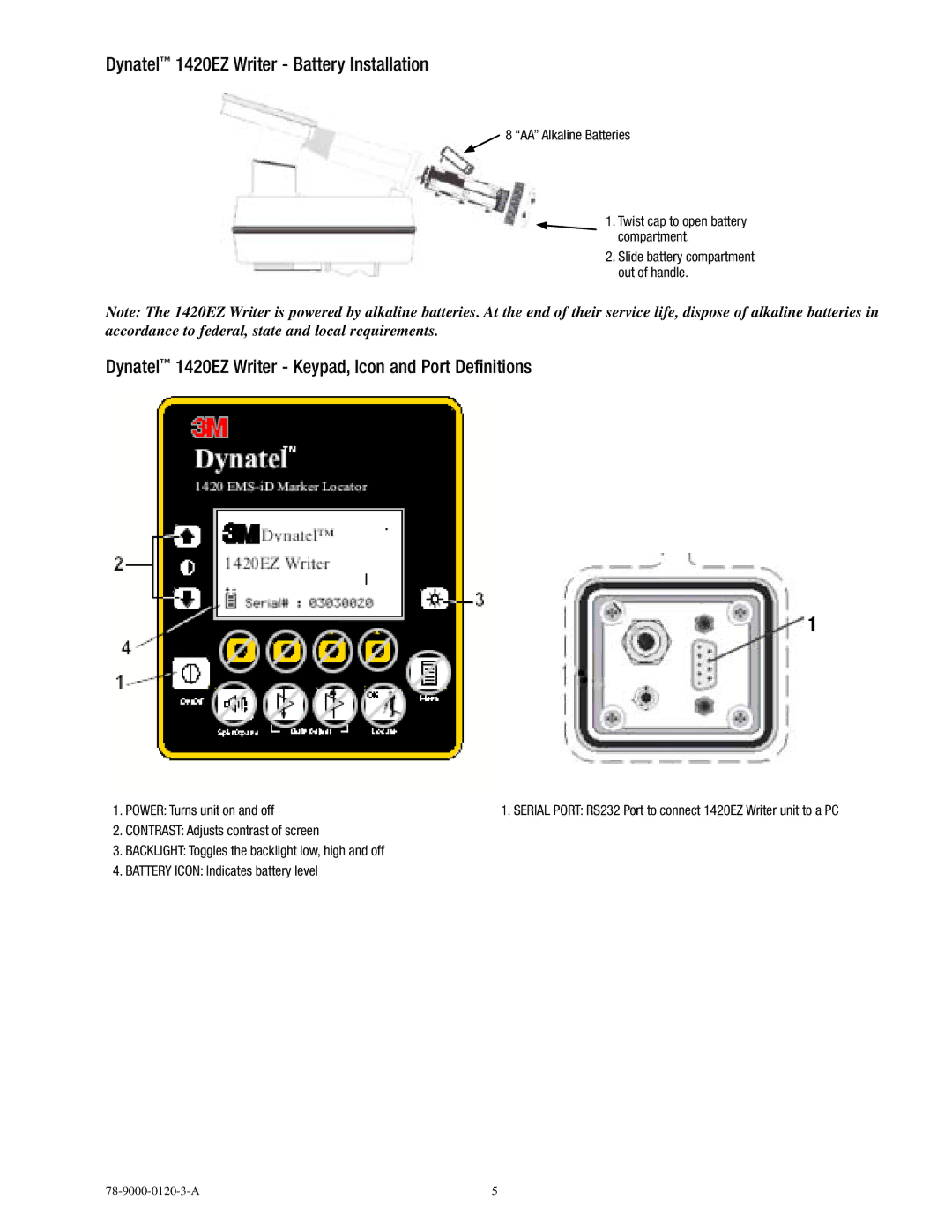 3M manual Dynatel 1420EZ Writer Battery Installation, Dynatel 1420EZ Writer Keypad, Icon and Port Definitions 