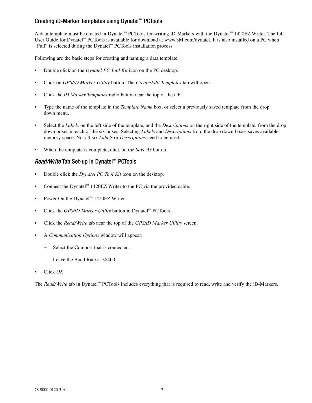 3M 1420EZ manual Creating iD-Marker Templates using Dynatel PCTools, Read/Write Tab Set-up in Dynatel PCTools 