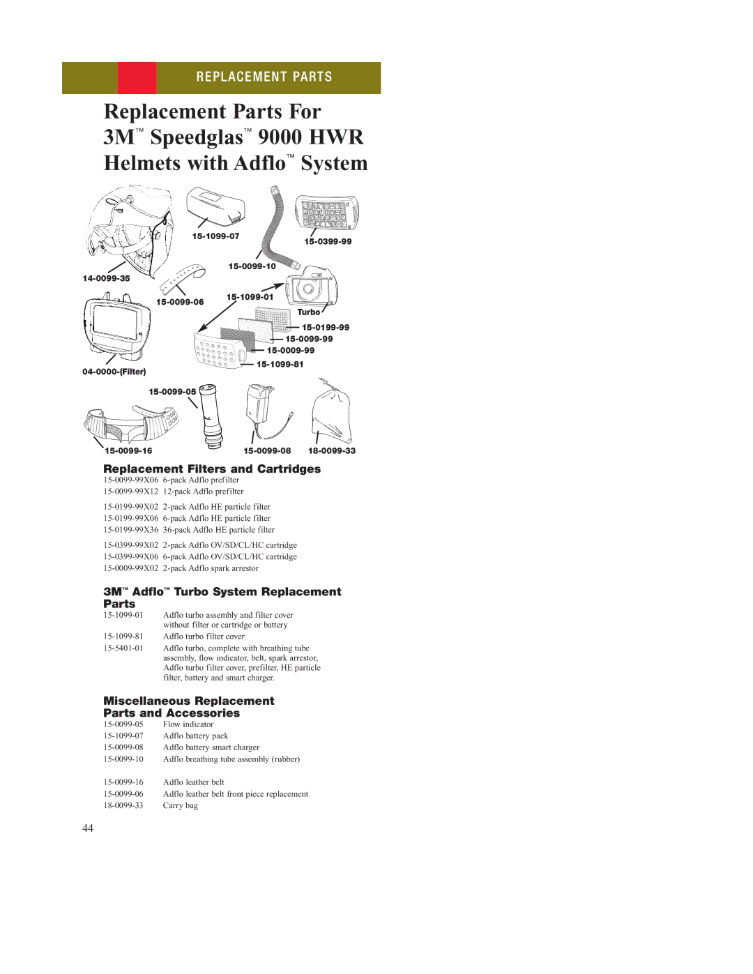 3M 16961-Rev-7A manual Replacement Filters and Cartridges, 3M Adflo Turbo System Replacement Parts 