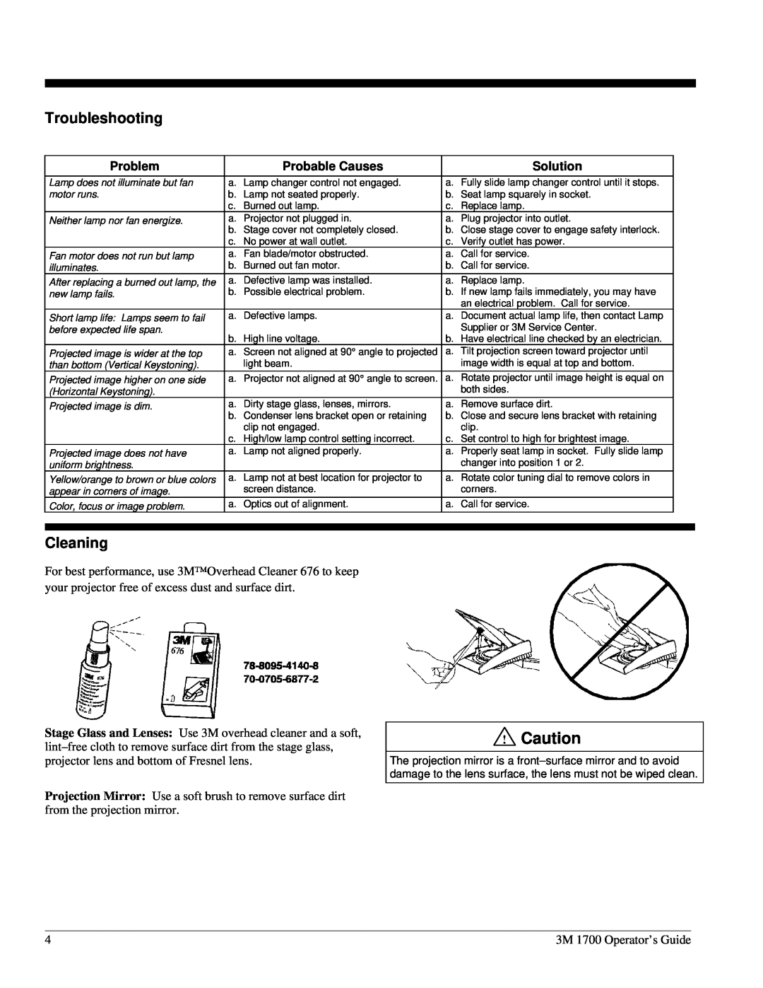 3M 1700 operating instructions Troubleshooting, Cleaning, Problem, Probable Causes, Solution 