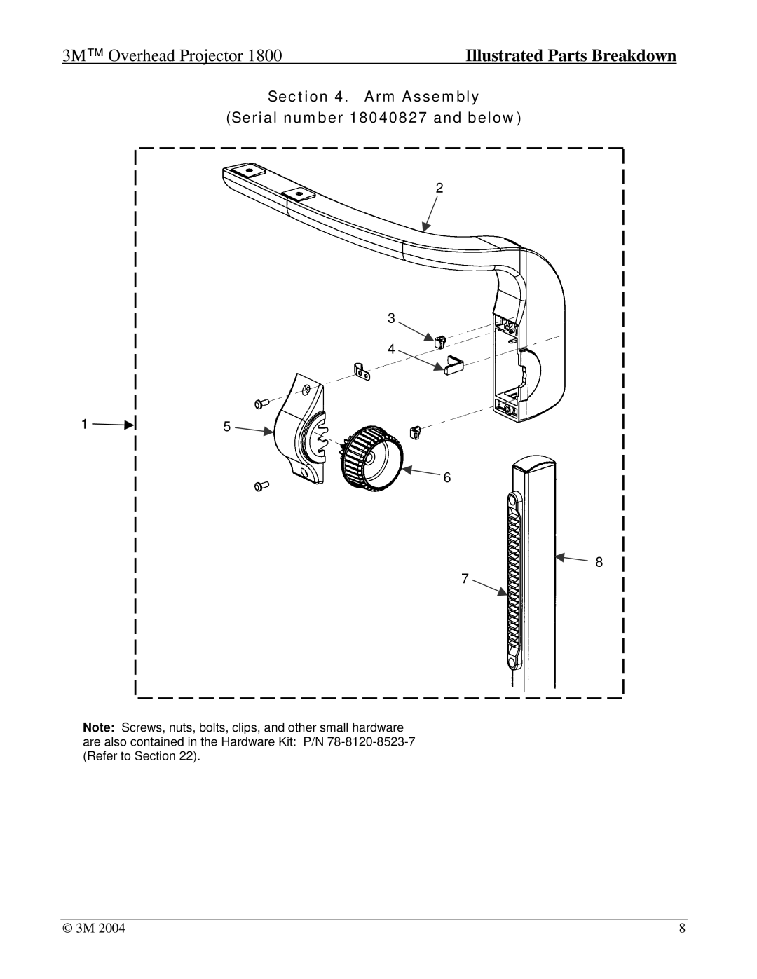 3M Overhead Projector, 1800 manual Arm Assembly Serial number 18040827 and below 