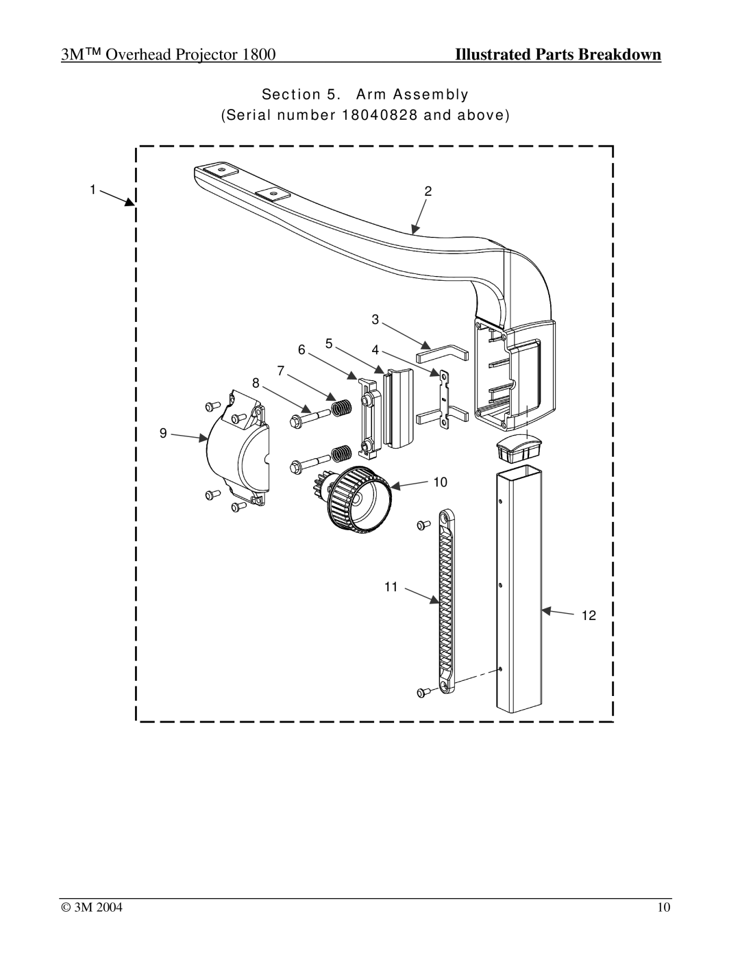 3M Overhead Projector, 1800 manual Arm Assembly Serial number 18040828 and above 
