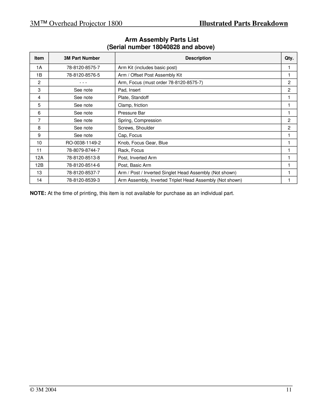 3M 1800, Overhead Projector manual Arm Assembly Parts List Serial number 18040828 and above 