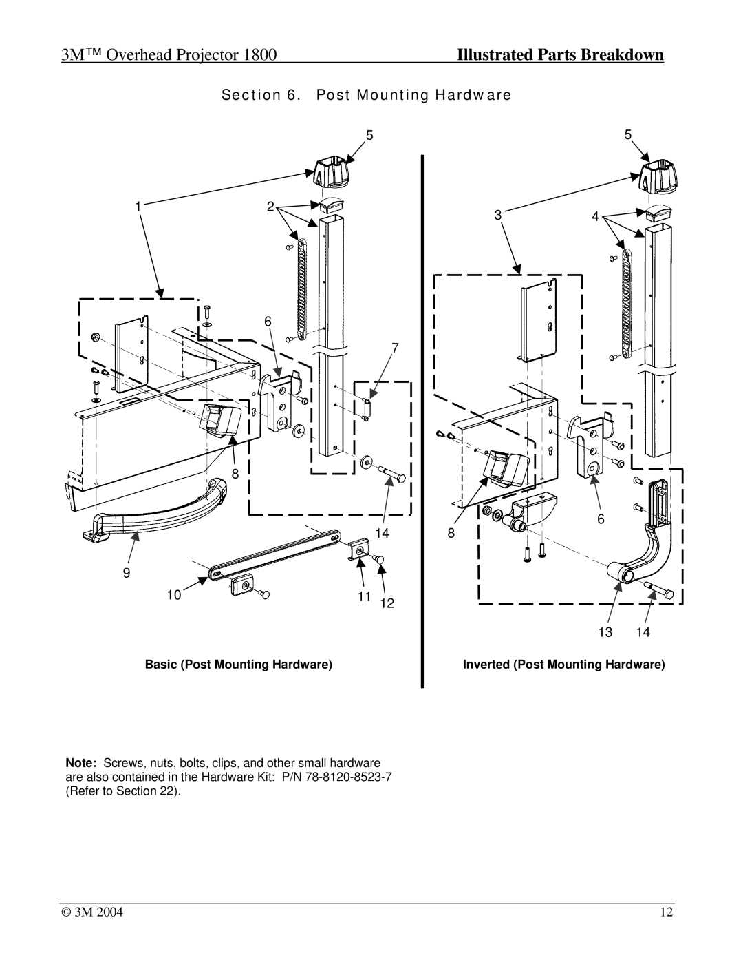 3M Overhead Projector, 1800 manual Post Mounting Hardware 