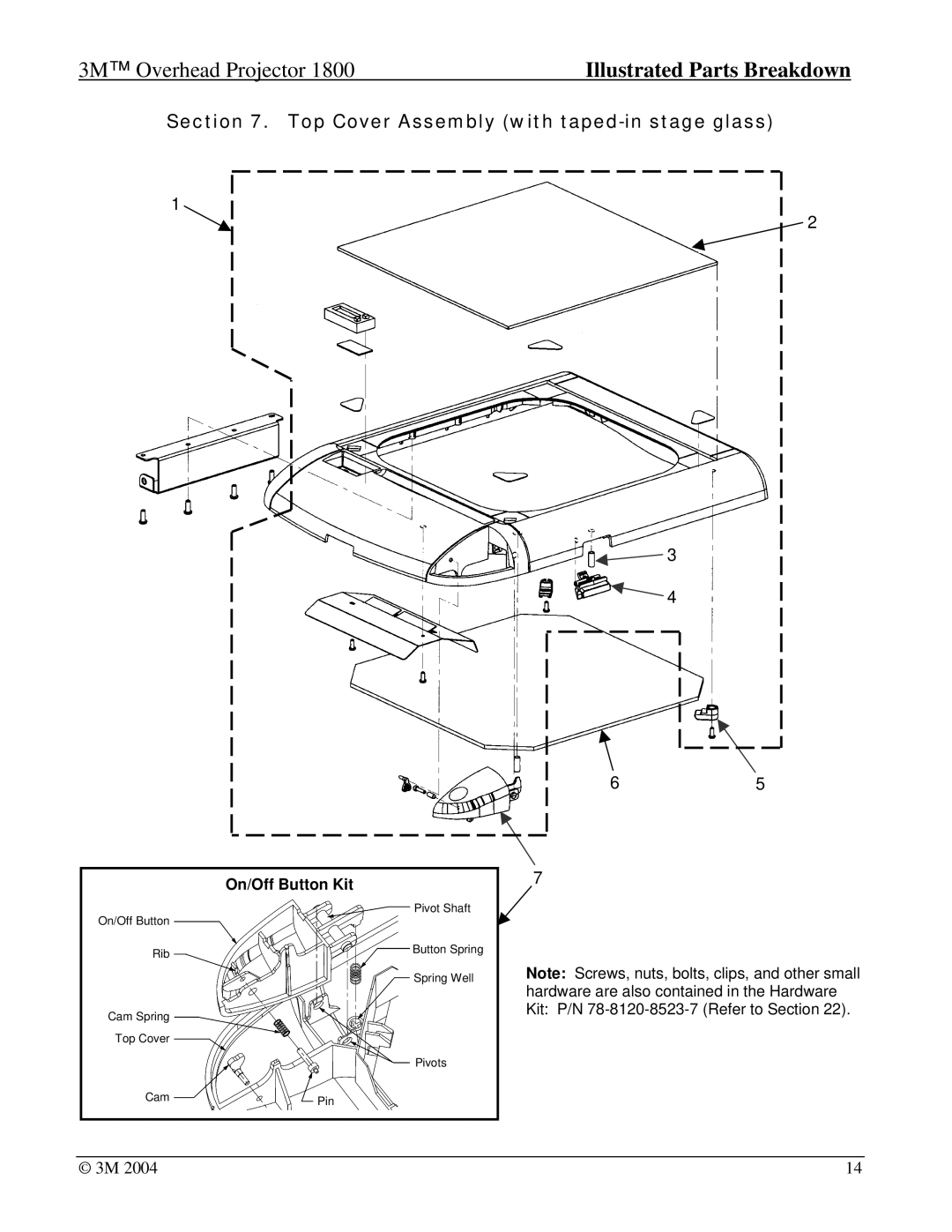 3M Overhead Projector, 1800 manual Top Cover Assembly with taped-in stage glass 