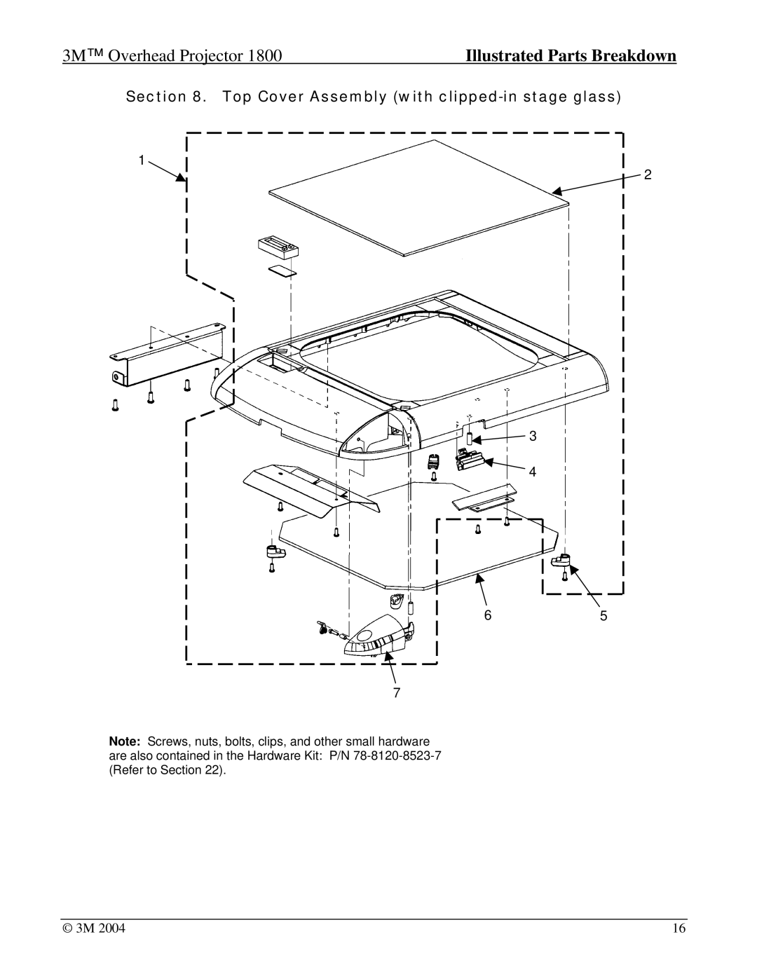 3M Overhead Projector, 1800 manual Top Cover Assembly with clipped-in stage glass 