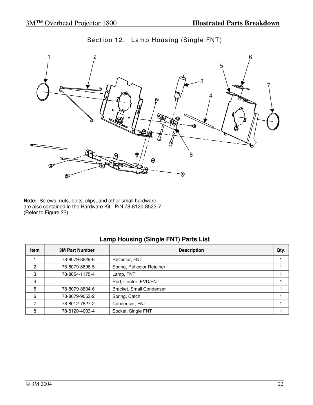 3M Overhead Projector, 1800 manual Lamp Housing Single FNT Parts List 