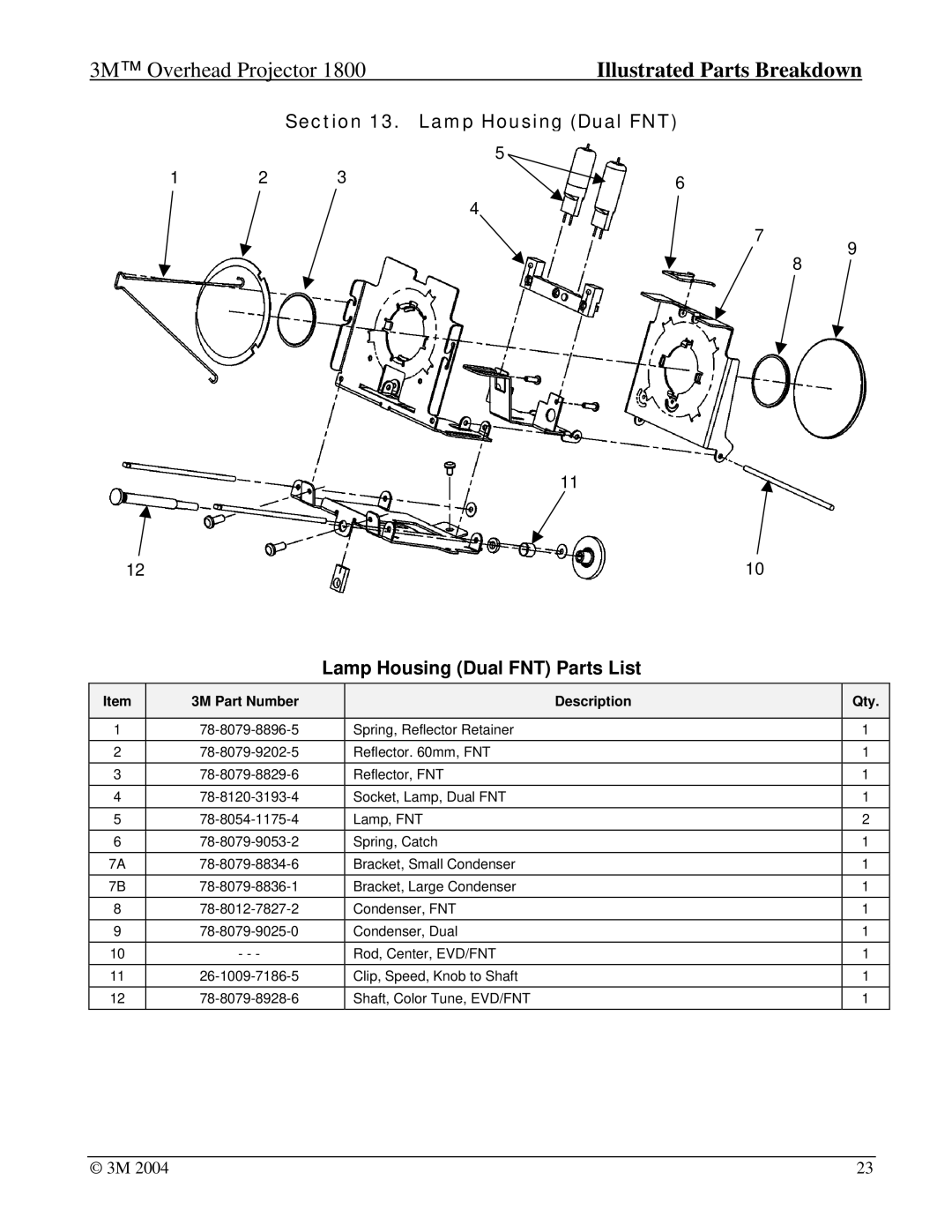 3M 1800, Overhead Projector manual Lamp Housing Dual FNT Lamp Housing Dual FNT Parts List 