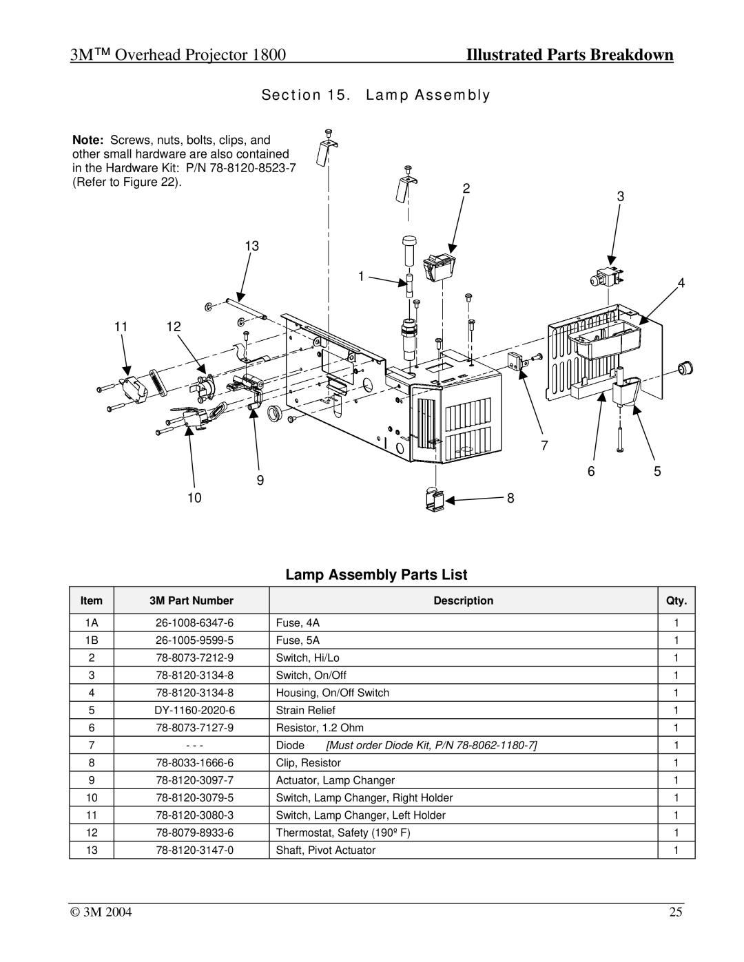 3M 1800, Overhead Projector manual Lamp Assembly Parts List 