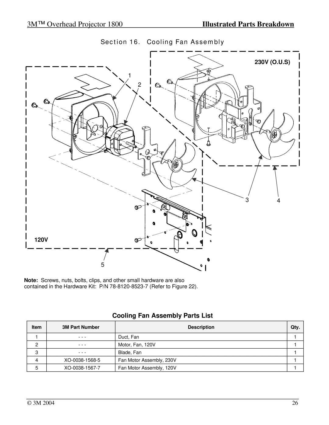 3M Overhead Projector, 1800 manual Cooling Fan Assembly Parts List 