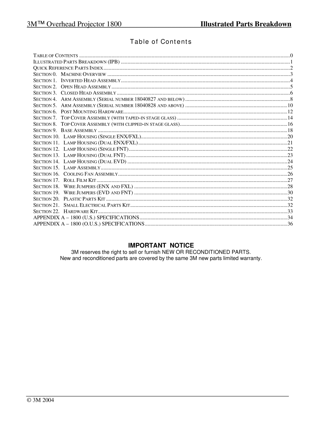 3M 1800 manual 3M Overhead Projector, Table of Contents 