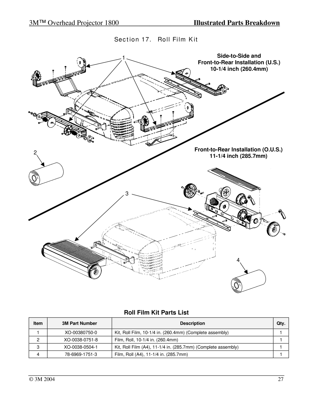 3M 1800, Overhead Projector manual Roll Film Kit Parts List 