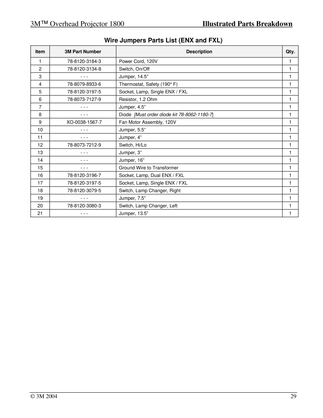 3M 1800, Overhead Projector manual Wire Jumpers Parts List ENX and FXL, Must order diode kit 