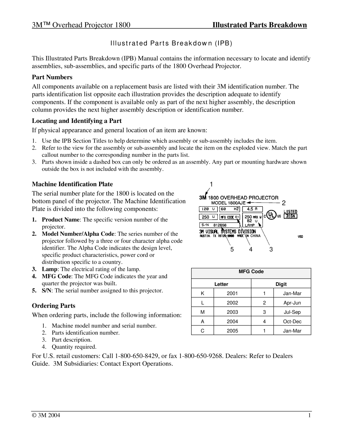 3M 1800, Overhead Projector manual Illustrated Parts Breakdown IPB, Part Numbers 