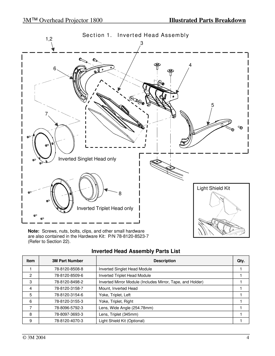 3M Overhead Projector, 1800 manual Inverted Head Assembly Parts List 