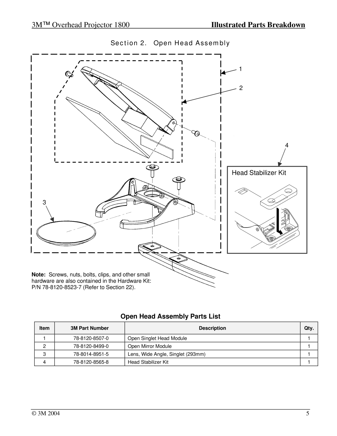 3M 1800, Overhead Projector manual Open Head Assembly Parts List 