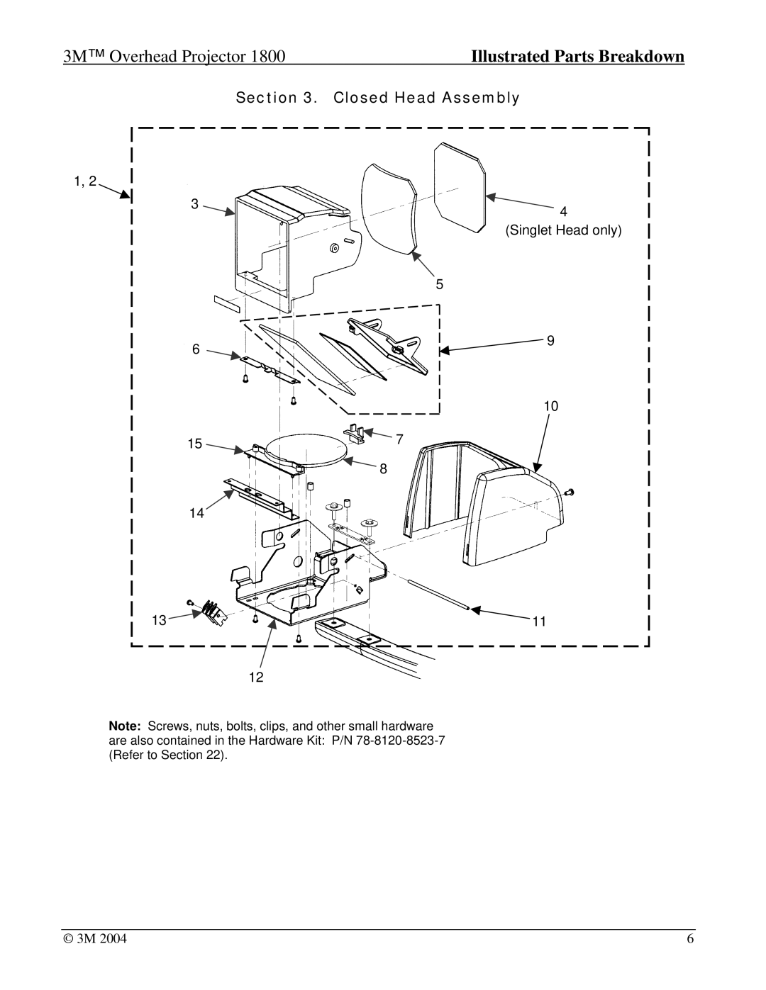 3M Overhead Projector, 1800 manual Closed Head Assembly 