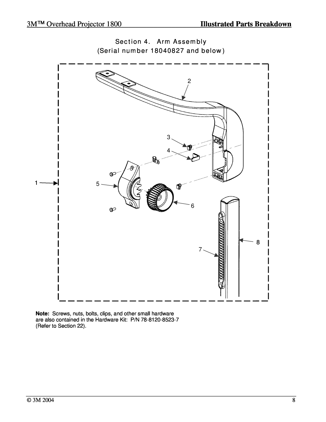 3M 1800 manual Arm Assembly Serial number 18040827 and below, 3M Overhead Projector, Illustrated Parts Breakdown 