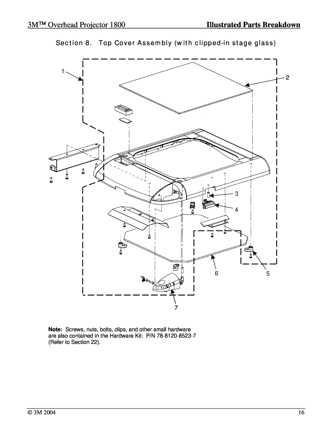 3M 1800 manual Top Cover Assembly with clipped-in stage glass, 3M Overhead Projector, Illustrated Parts Breakdown 
