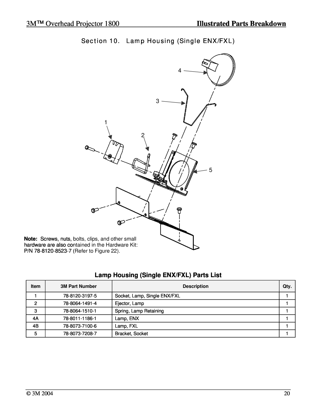 3M 1800 manual Lamp Housing Single ENX/FXL Parts List, 3M Overhead Projector, Illustrated Parts Breakdown 