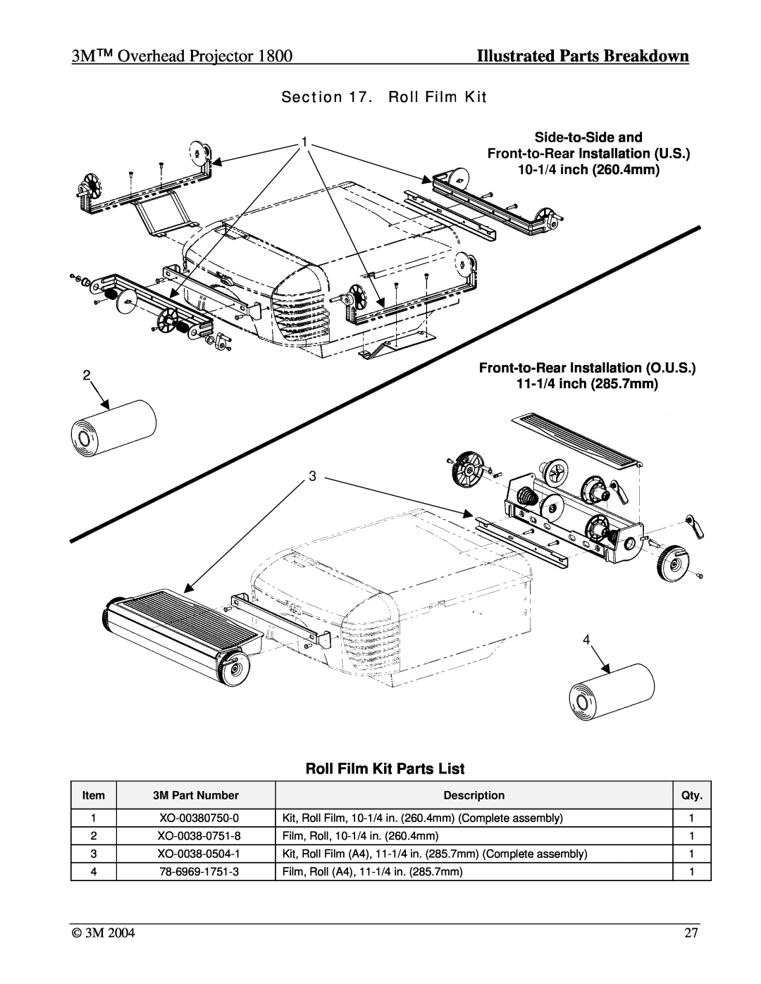 3M 1800 manual Roll Film Kit Parts List, 3M Overhead Projector, Illustrated Parts Breakdown 