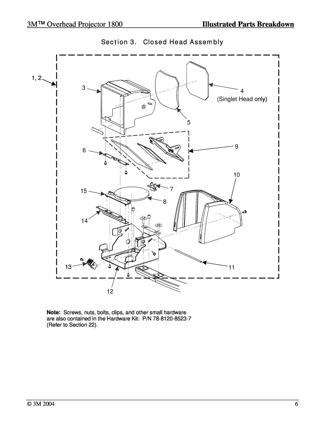 3M 1800 manual 3M Overhead Projector, Closed Head Assembly, Illustrated Parts Breakdown 