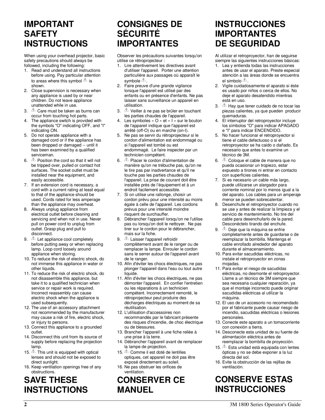 3M 1800 Series manual Important Safety Instructions, Consignes DE Sécurité Importantes, Conserve Estas Instrucciones 