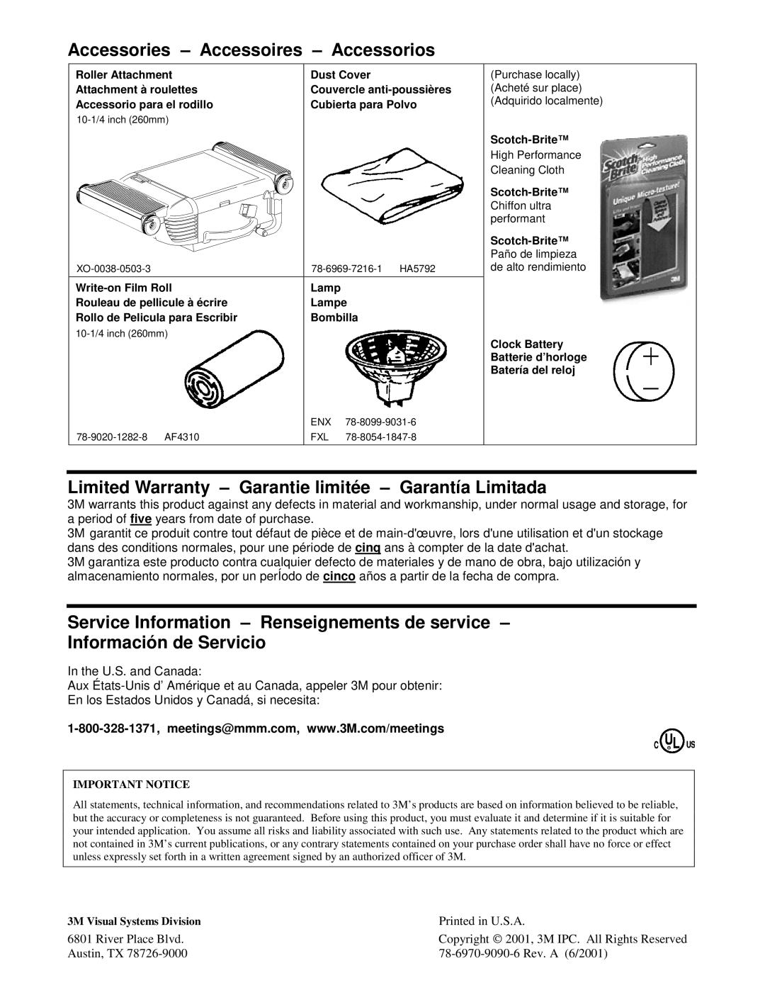 3M 1800 Series manual Accessories Accessoires Accessorios, Limited Warranty Garantie limitée Garantía Limitada 