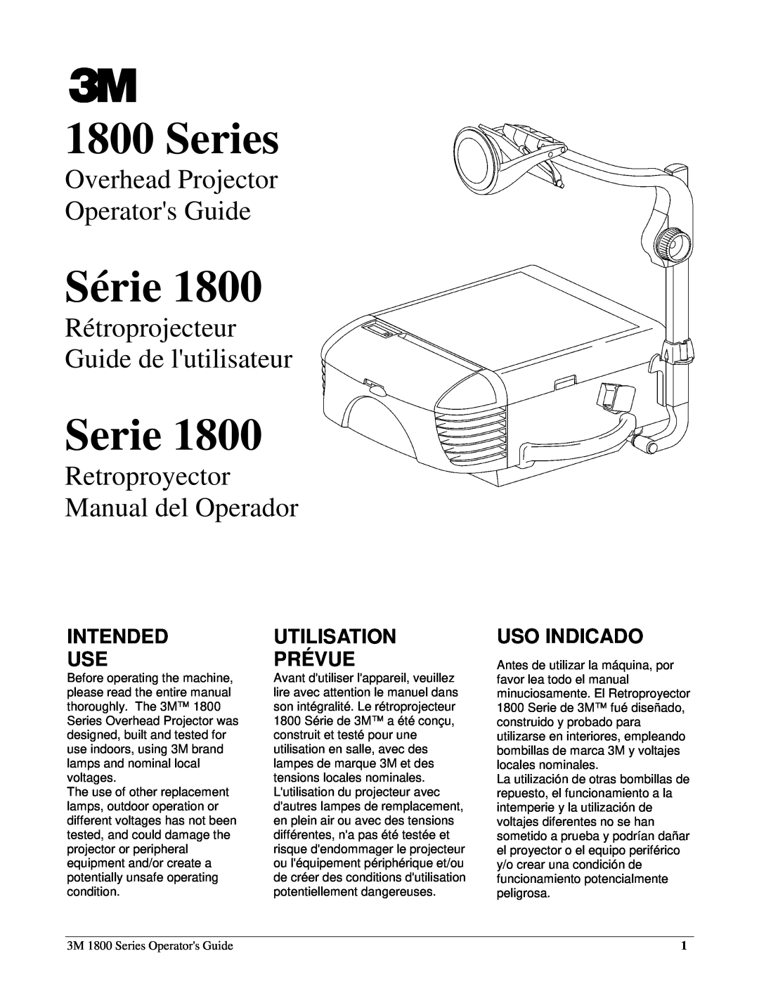 3M 1800 Series manual Intended Use, Utilisation Prévue, Uso Indicado, Série, Overhead Projector Operators Guide 