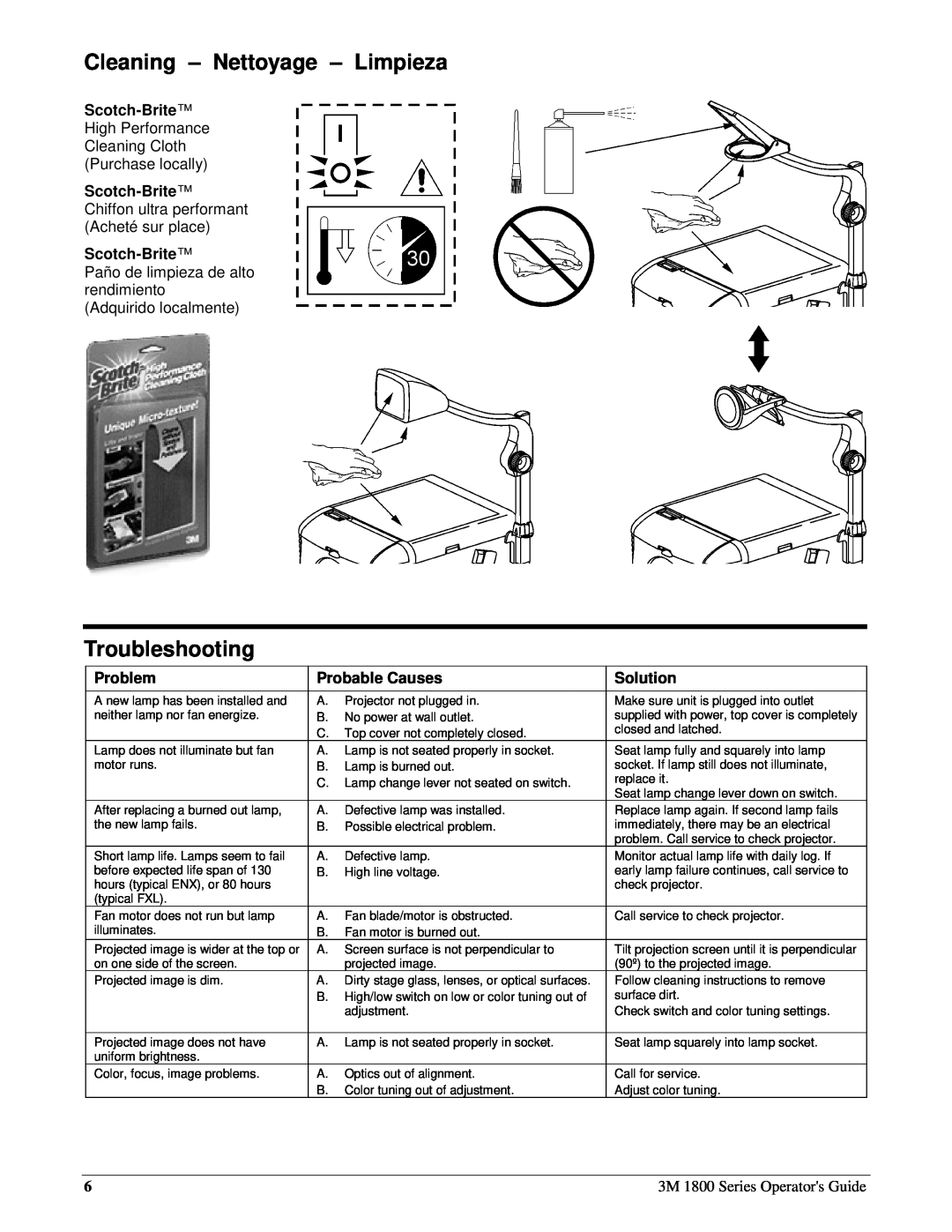 3M 1800 Series manual Cleaning - Nettoyage - Limpieza, Troubleshooting, Scotch-Brite, Problem, Probable Causes, Solution 