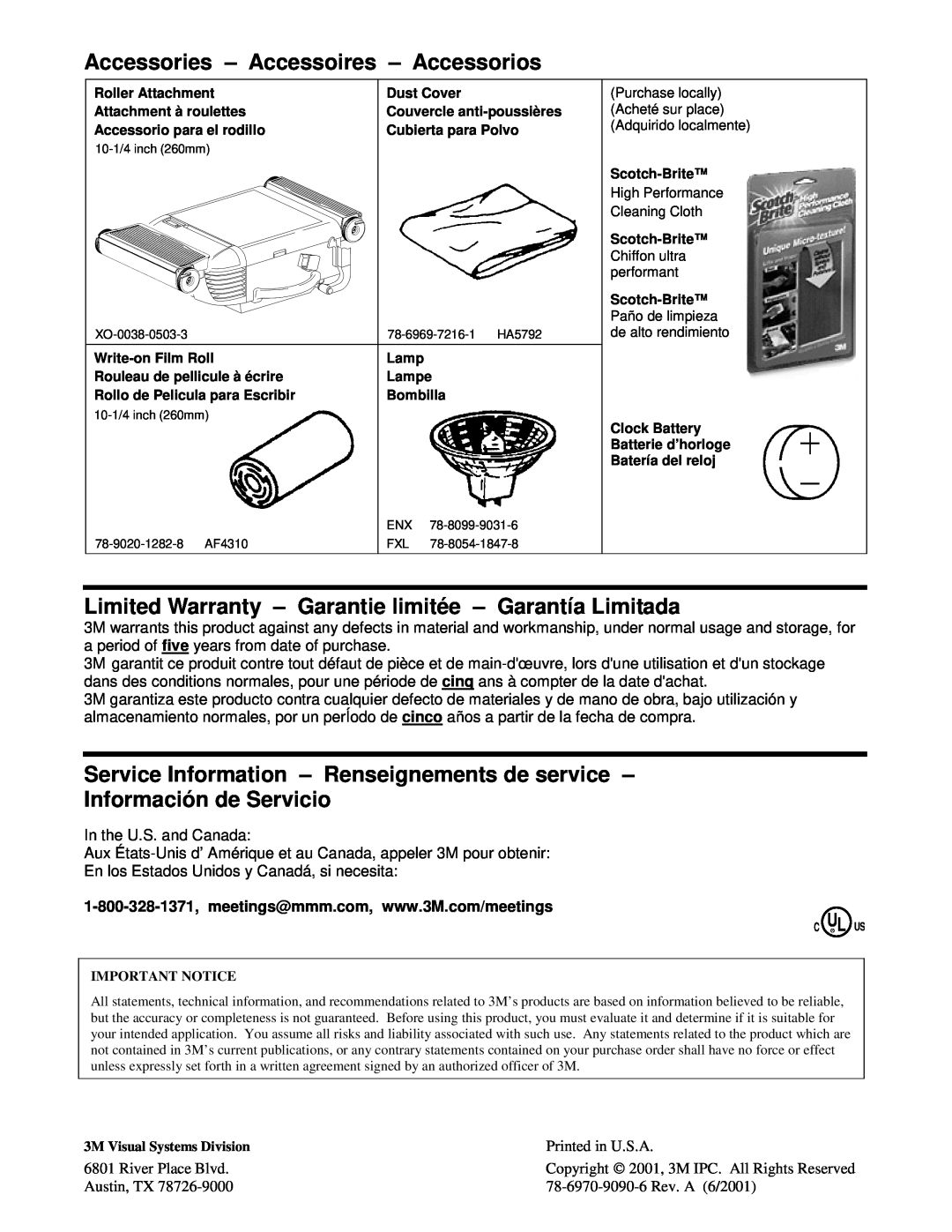 3M 1800 Series manual Accessories - Accessoires - Accessorios, Limited Warranty - Garantie limitée - Garantía Limitada 