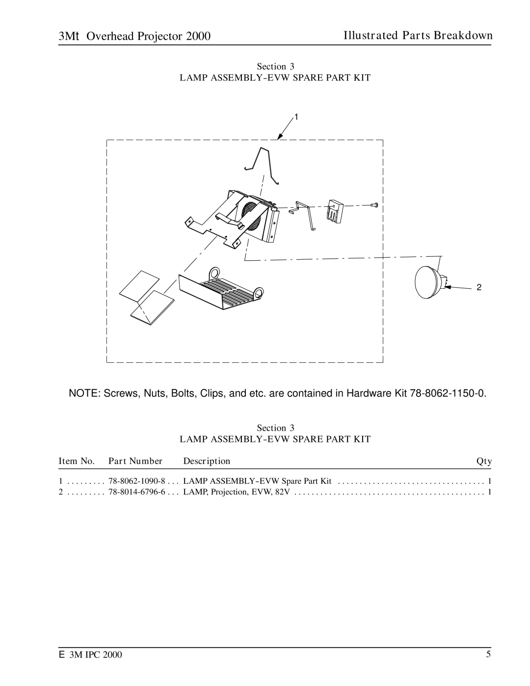 3M 2000 manual Lamp ASSEMBLY-EVW Spare Part KIT 