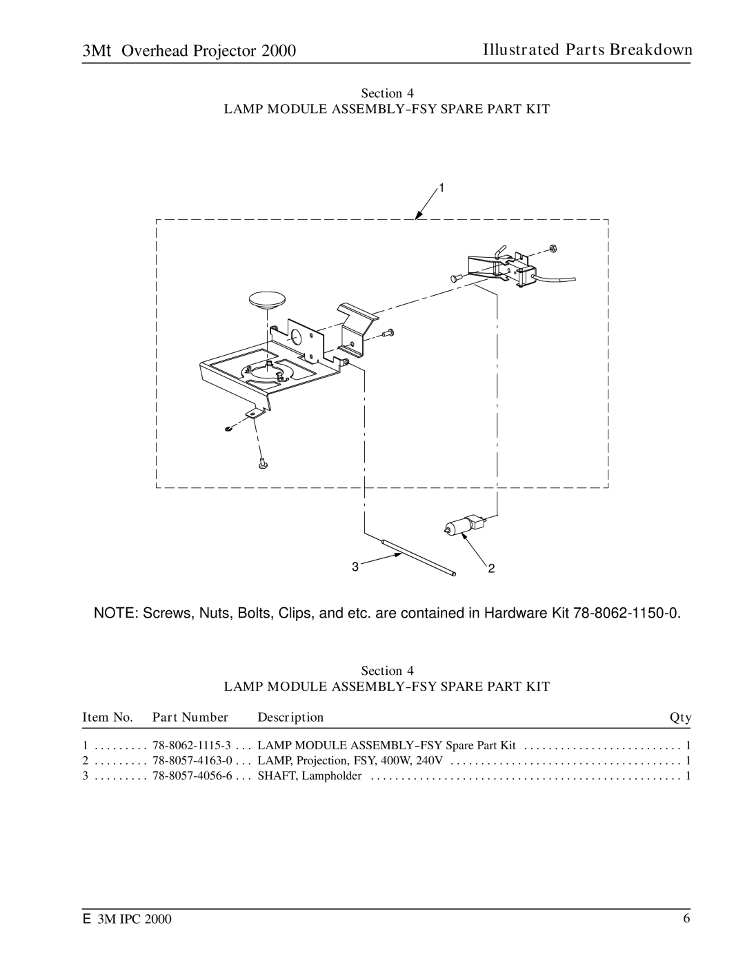 3M 2000 manual Lamp Module ASSEMBLY-FSY Spare Part KIT 